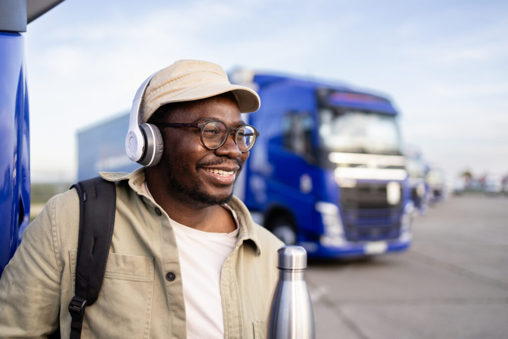 Truck driver listening to a podcast